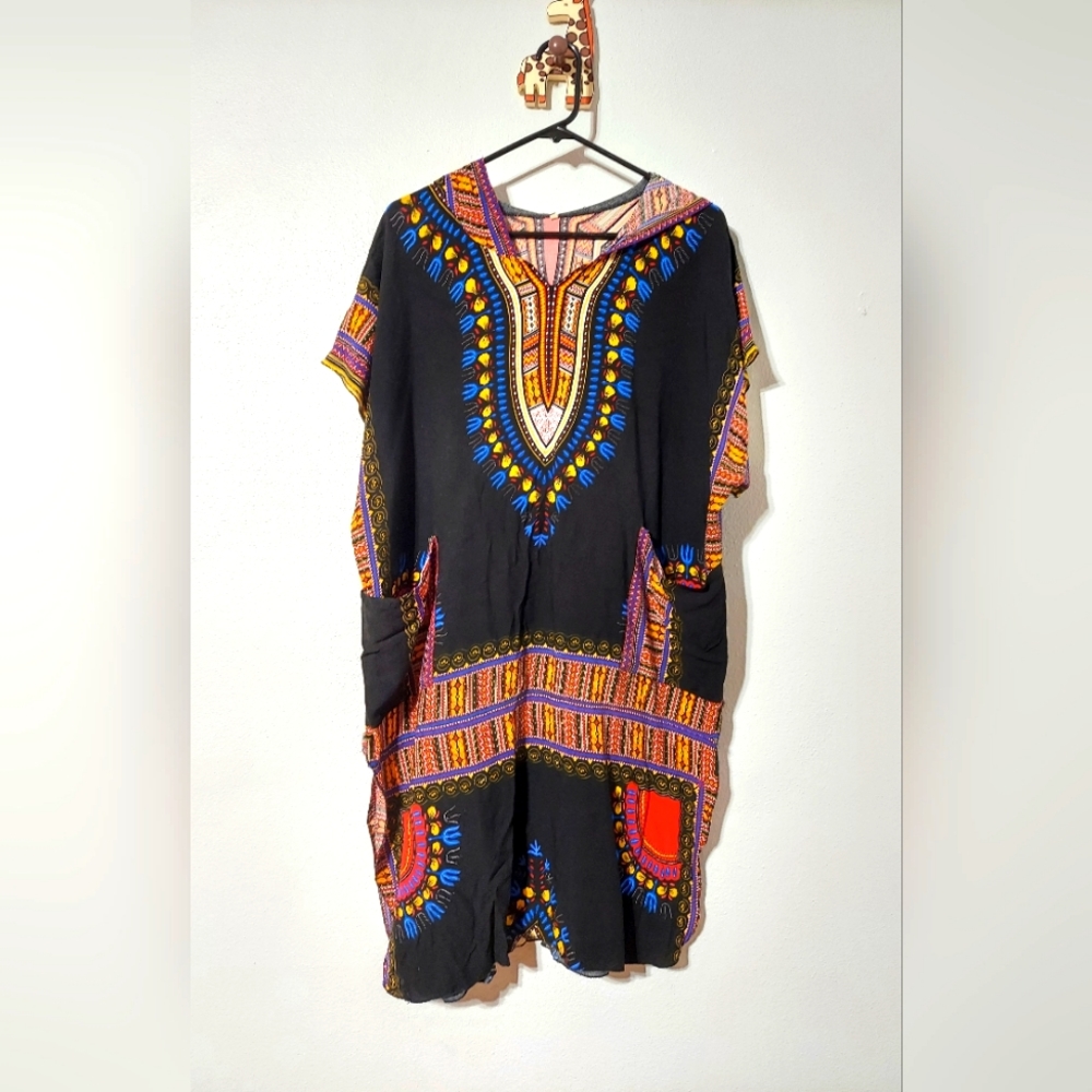 African Dashiki Style Hooded Dress Poncho Hoodie Pullover with Pockets